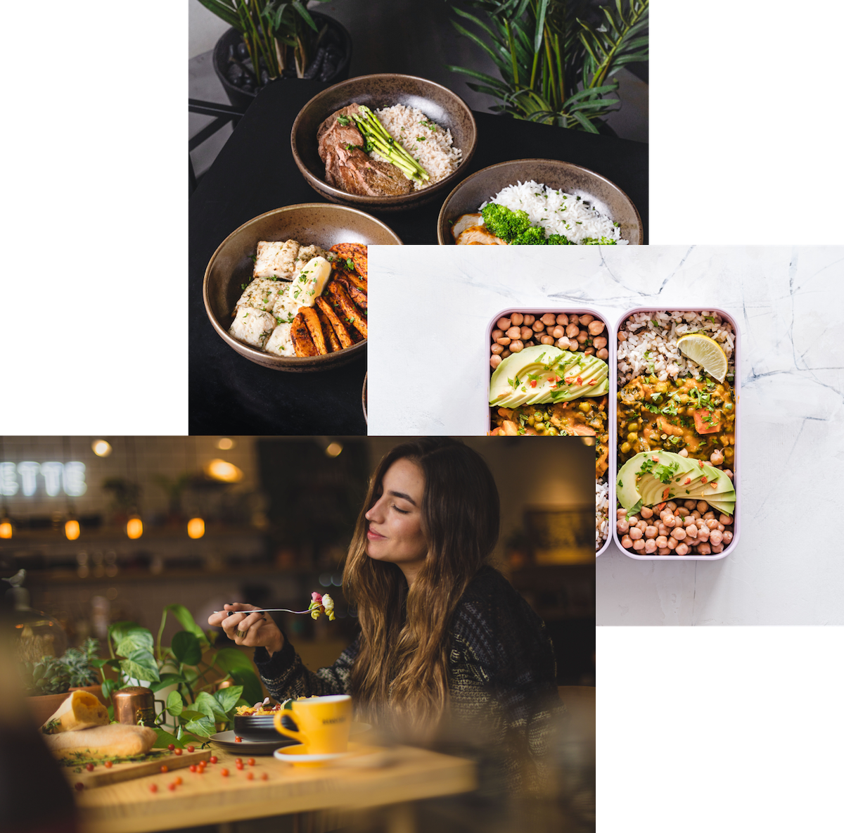 Woman enjoy food, meals in storage container, and food bowls on a table